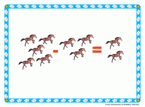 Вычитание 5 лошадок минус 3 лошадки