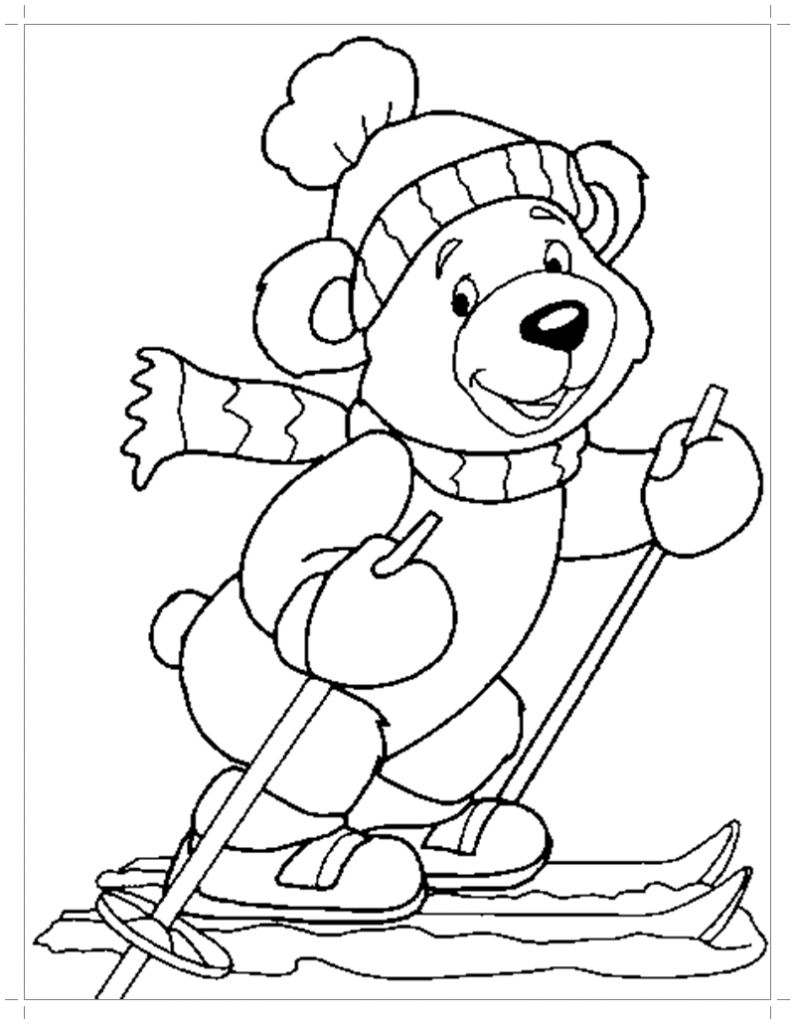 Медвежонок на лыжах раскраска