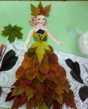 Изготовление аппликации девушка в платье из листьев