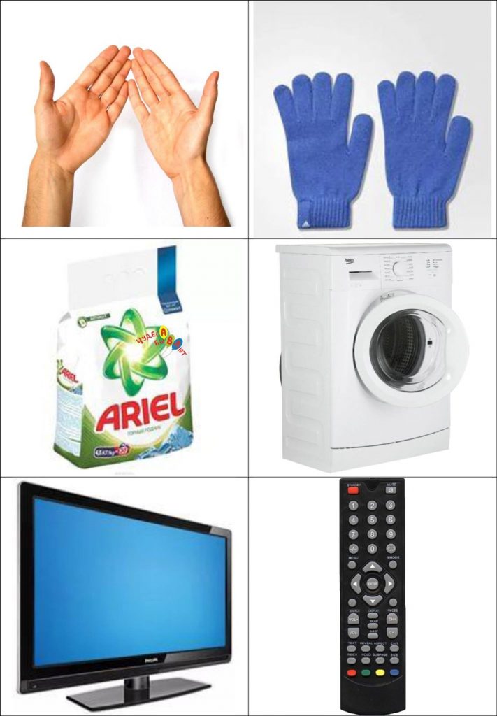 Ассоциации перчатки, стиральная машина и телевизор
