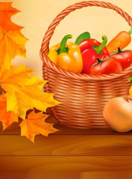 Фрагмент 3 фона "Осень" с овощами в корзине и листьями по периметру