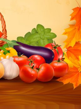 Фрагмент 4 фона "Осень" с овощами в корзине и листьями по периметру