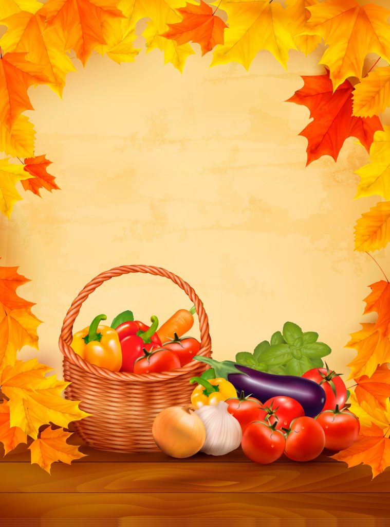 Фон осень с овощами в корзине и листьями по периметру