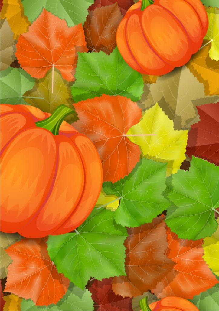 Фон осень для детей с тыквами и цветными листочками