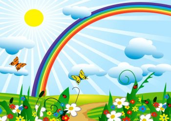 Фон радуга с цветами и бабочками