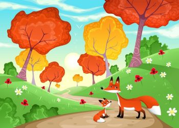 Нарисованный плакат лиса осенью