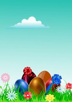 Яйца и цветы на пасхальном фоне