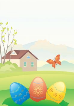 Яйца у дома на пасхальном фоне