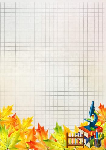 Школьный фон "Осень" в клеточку с осенними листьями и микроскопом