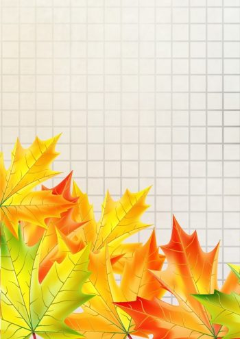 Фрагмент 3 школьного плаката "Осень" в клеточку с осенними листьями и школьной доской