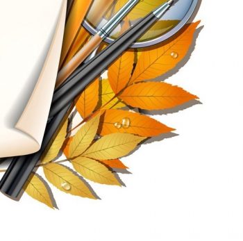Фрагмент 4 плаката с карандашами, кисточками и желтыми листьями