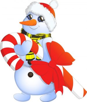 Веселый снеговик с красной палочкой