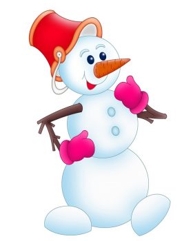Веселый снеговик с красным ведром на голове