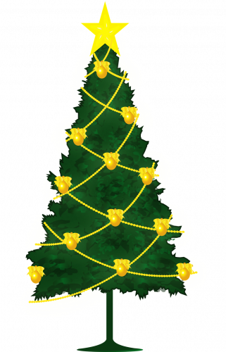 Новогодняя елка с желтыми игрушками и гирляндами