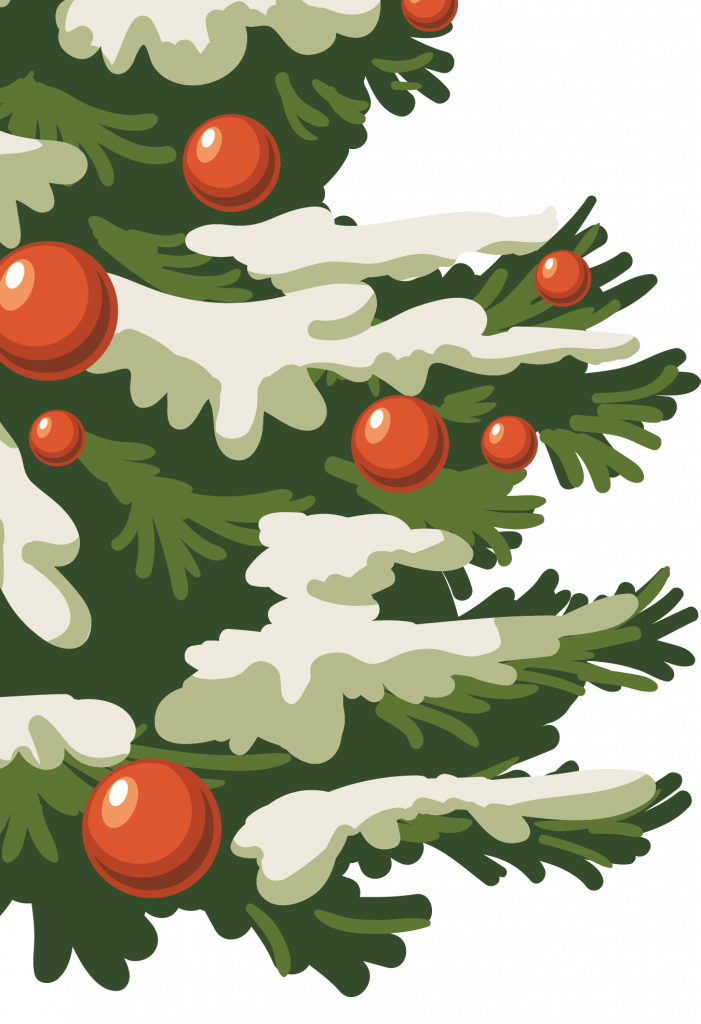 Фрагмент 4 новогодней елки в лесу с красными игрушками