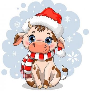 Новогодняя корова со светло-серым фоном