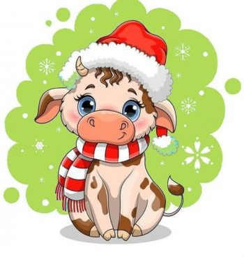 Новогодняя корова с салатовым фоном