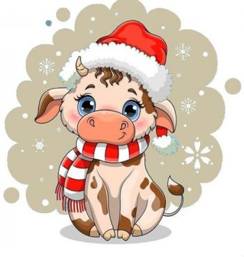 Новогодняя корова со светло-коричневым фоном