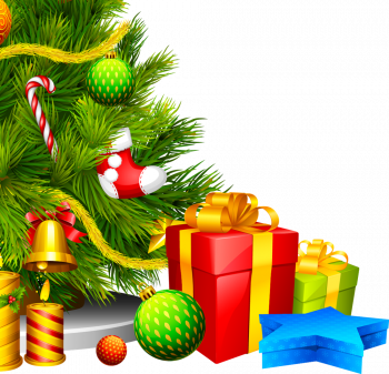 Фрагмент 4 плаката с новогодней елкой и подарками на прозрачном фоне