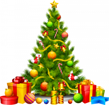 Новогодняя елка с игрушками и подарками на прозрачном фоне