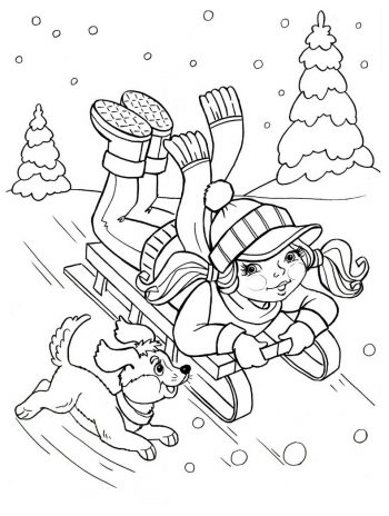 Девочка катается на санках - раскраска зима