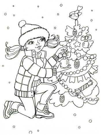 Девочка наряжает елку - раскраска зима