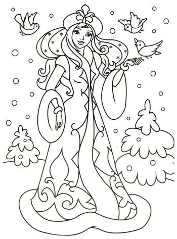Принцесса в шубе - раскраска зима