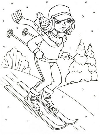Девочка спускается на лыжах - раскраска зима