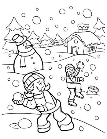 Дети играют в снежки и радуются - раскраска зима