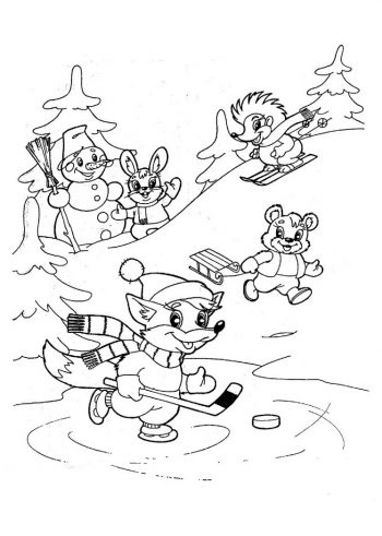 Зверушки играют зимой - раскраска зима