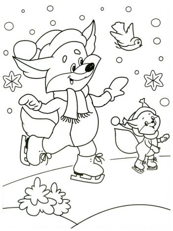 Веселые лисички на снегу - раскраска зима