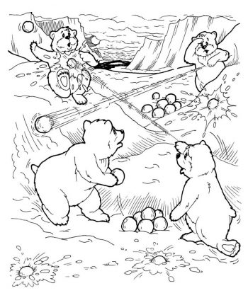 Медведи играют в снежки - раскраска зима