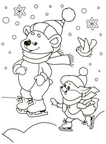 Веселые медведи на коньках - раскраска зима