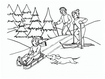 Катание на санках и лыжах зимой - раскраска зима