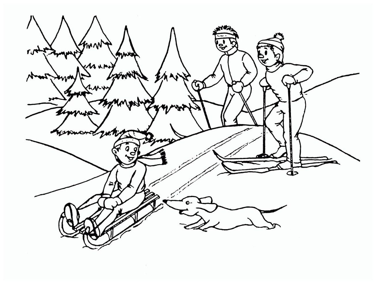 Раскраска семья на лыжах
