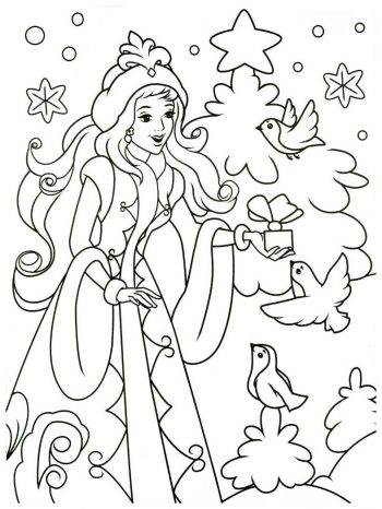 Принцесса и птички - раскраска зима