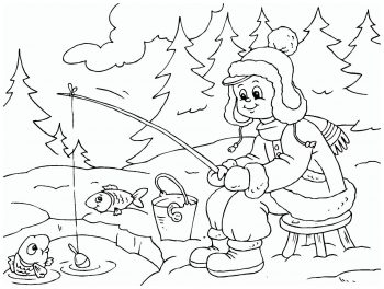 Мальчик на рыбалке зимой - раскраска зима