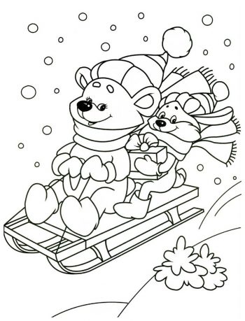 Медведи на санках - раскраска зима