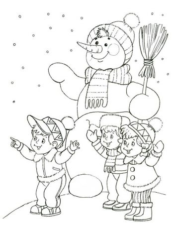 Дети и веселый снеговик - раскраска зима