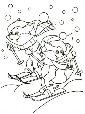 Животные катаются на лыжах - раскраска зима
