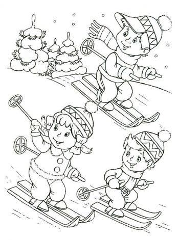 Дети катаются на лыжах - раскраска зима