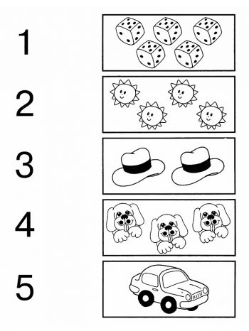 Карточка с кубиками, солнышками, шляпами, собачками и машинкой для дидактической игры "Соедини число с количеством предметов до 5"