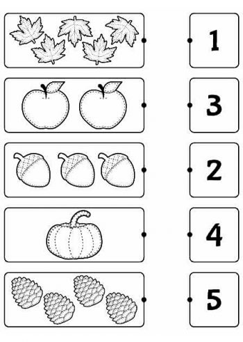 Карточка с листочками, яблоками, желудями, тыквой и шишками для дидактической игры "Соедини число с количеством предметов до 5"