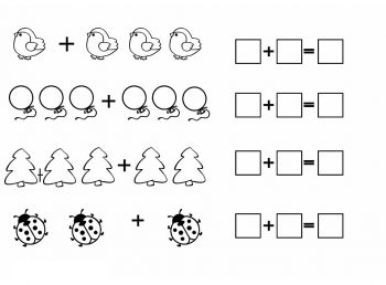 Примеры на сложение по рисунку в подготовительную группу ДОУ с птичками, шариками, елочками и жуками