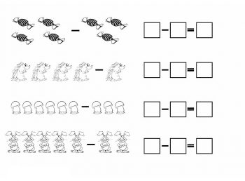 Примеры на вычитание по рисунку для игры в детский сад с конфетками, ежиками, зайчиками и грибочками