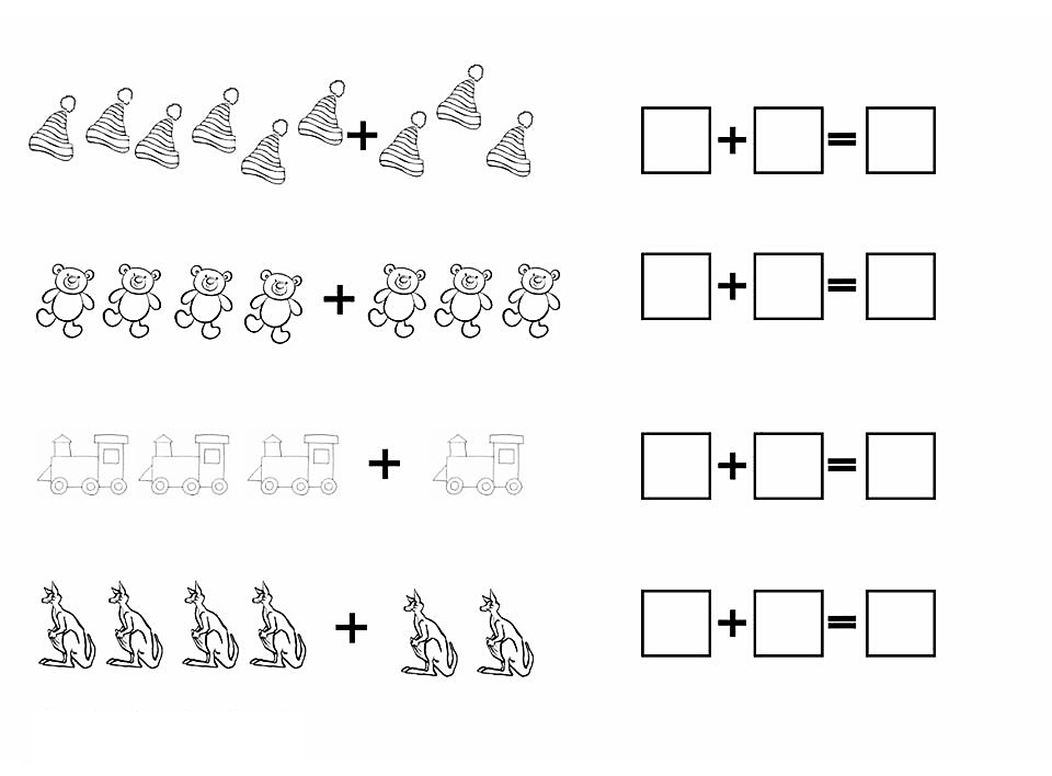 Примеры на сложение по рисунку с кенгуру, паровозиками, мишками и шапками
