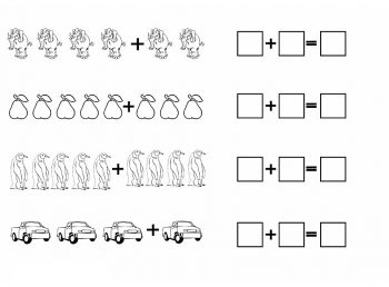Примеры на сложение по рисунку для лепбука со слонами, грушками, пингвинами и машинками