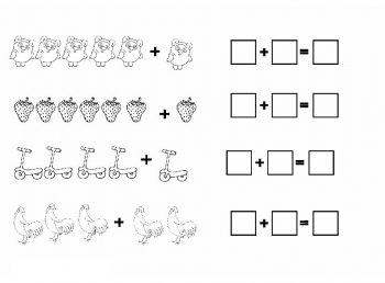 Примеры на сложение по рисунку для печати с мишками, клубничками, петушками и самокатами