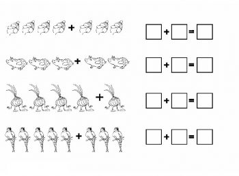 Примеры на сложение по рисунку для игры по математике с попугаями, поросятами, луком и шапками