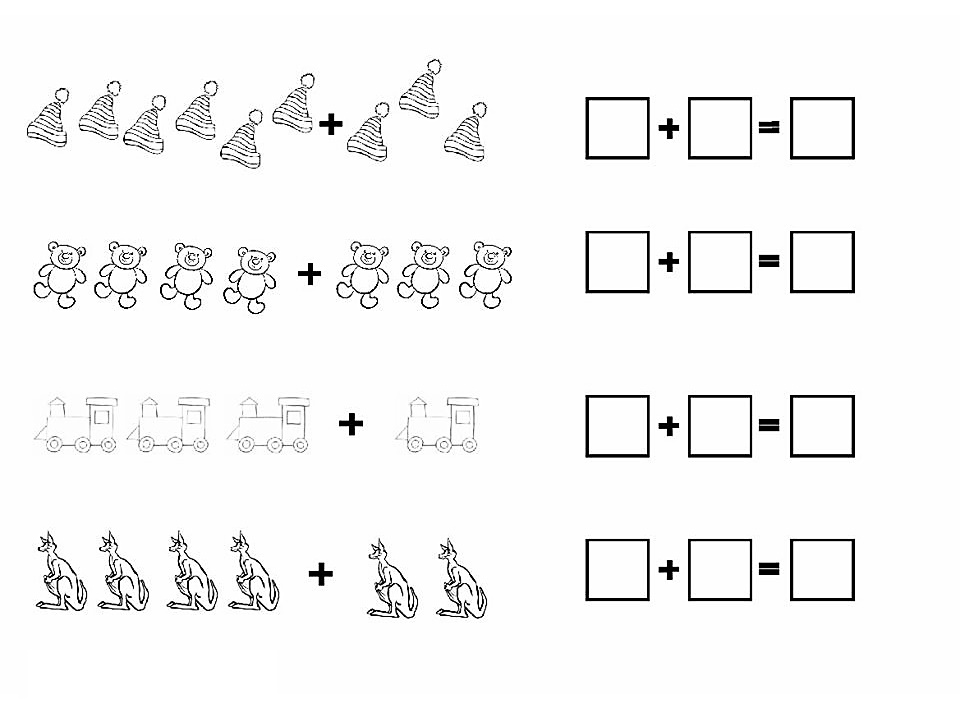 Примеры на сложение по рисунку для лепбука с шапками, мишками, кенгуру и паровозиками